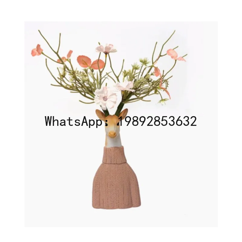 Resin Handicraft Cartoon Deer Flower Vase Floral Arrangement Accessories Artificial Animal Sculpture Home Decoration Accessories