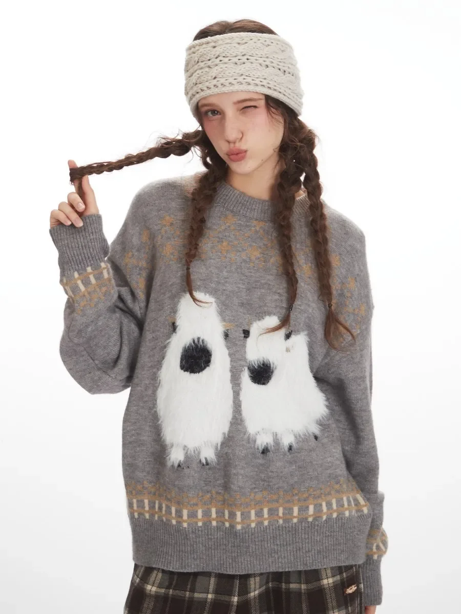 

Large Eyes Cute Sheep Elegant Cartoon Retro Sweaters Trending Knitted Women Girls' Winter Clothes Pullovers Tops Office Ladies