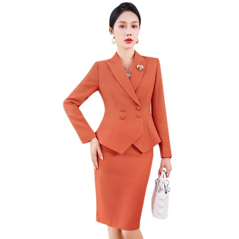 Navy Blue Suits Women 2023 New Spring Autumn Professional Long Sleeve Slim Blazer And Skirt Sets Office Ladies Work Wear Orange