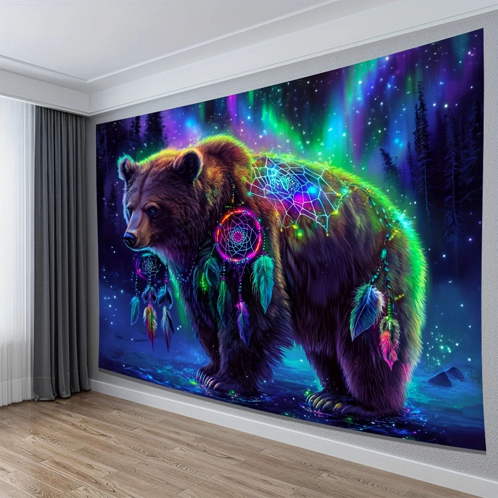 Psychedelic Galaxy Bear Tapestry Wall Hanging Bohemian Forest Spirit Art Print Neon Night Sky Magic Decor Poster for Home Room