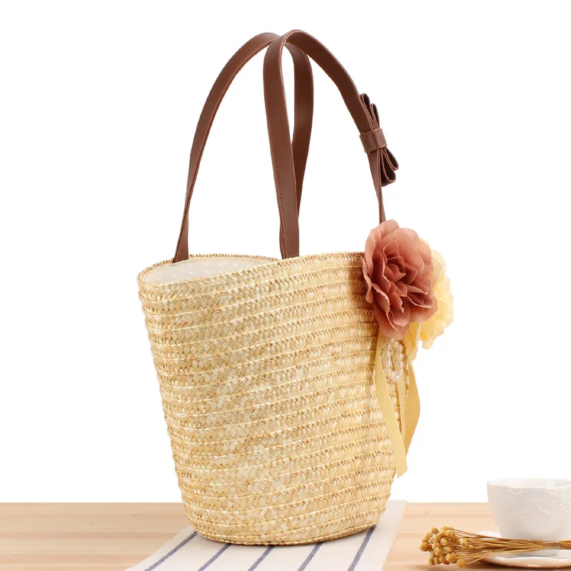 Handmade Straw Woven Bag Beach Bag Girls Go Out Holiday Decoration Bag Pastoral Two Flowers Solid Color One-shoulder Straw Bag