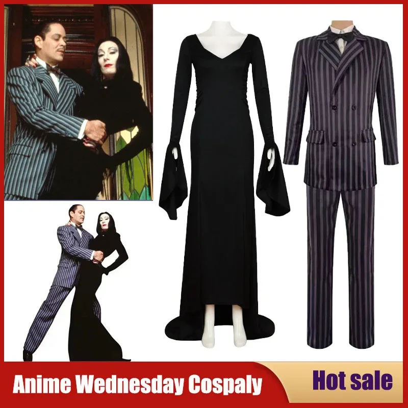 

Movie Wednesday Family Proms Cospaly Morticia Costume Black Punk Gothic Dress Gomez Uniform Party Carnival Wig Adult Outfit