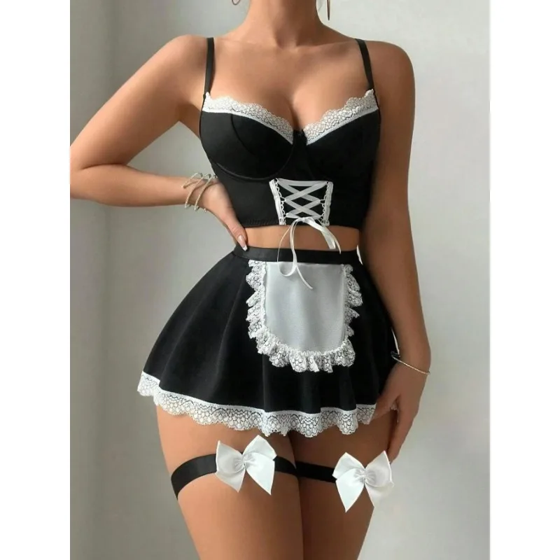 Conjunto de lencería sexy de sirvienta de 4 piezas Conjunto de ropa interior con tanga para mujer Conjunto erótico de bandas con lazo