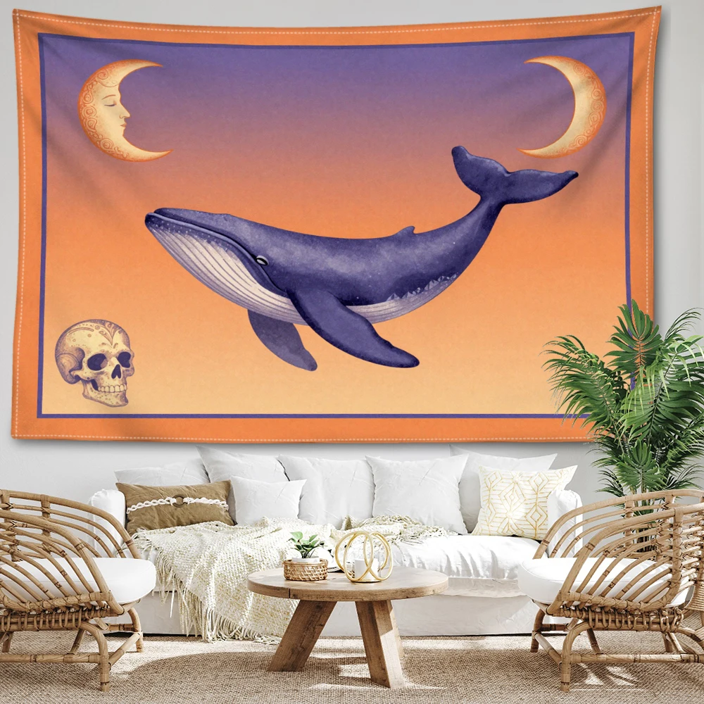 Orange Purple Gradient Whale Skull Double Moon Wall Tapestry, Gothic Decor
