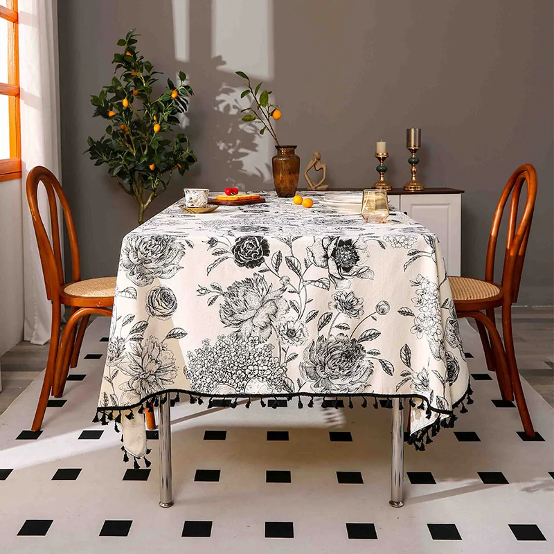 Cotton linen tablecloth with peony tassel print, INS style home dining table cover, Amazon wholesale