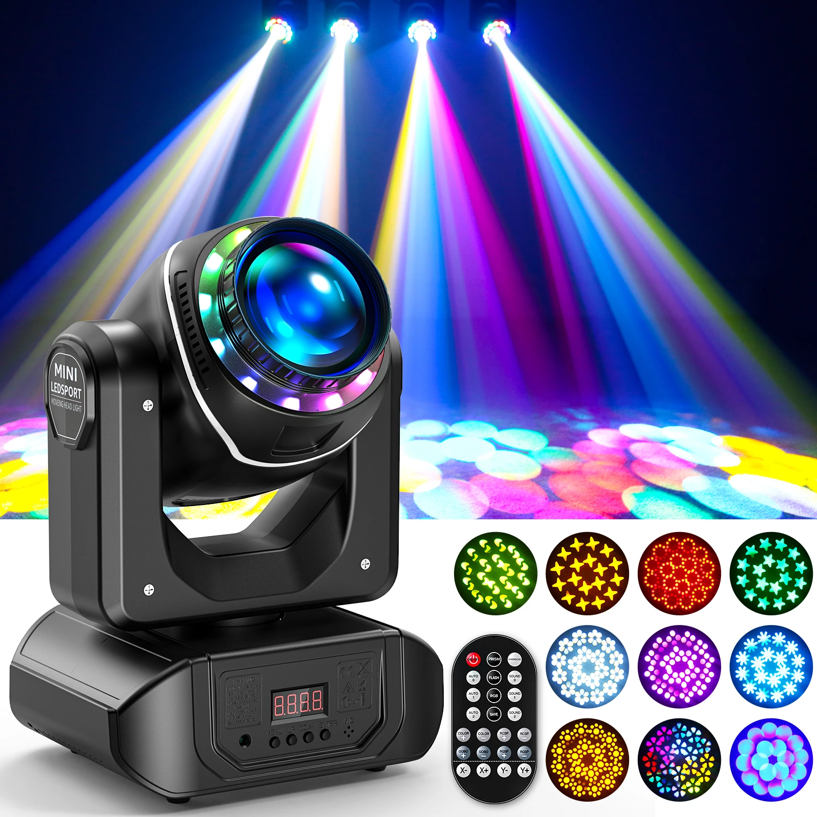 Fieryzeal 120W Beam Moving Head Light 10Gobos 8Colors 18Prisms LED Stage Light Remote Control Event Light for DJ Disco KTV Bar