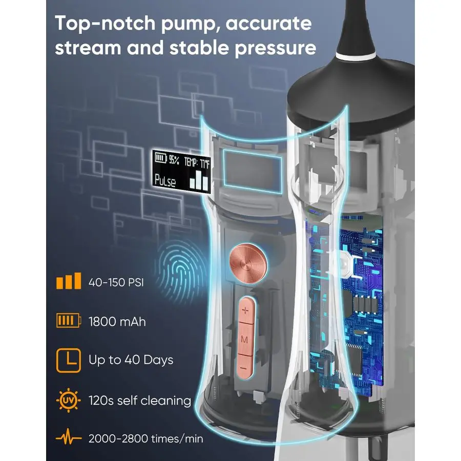 LP221 UVC Sterilizable Cordless Water Flossers for Teeth 335ML Portable OLED Display Dental Flosser with 4 Modes 8 Jet Tips and