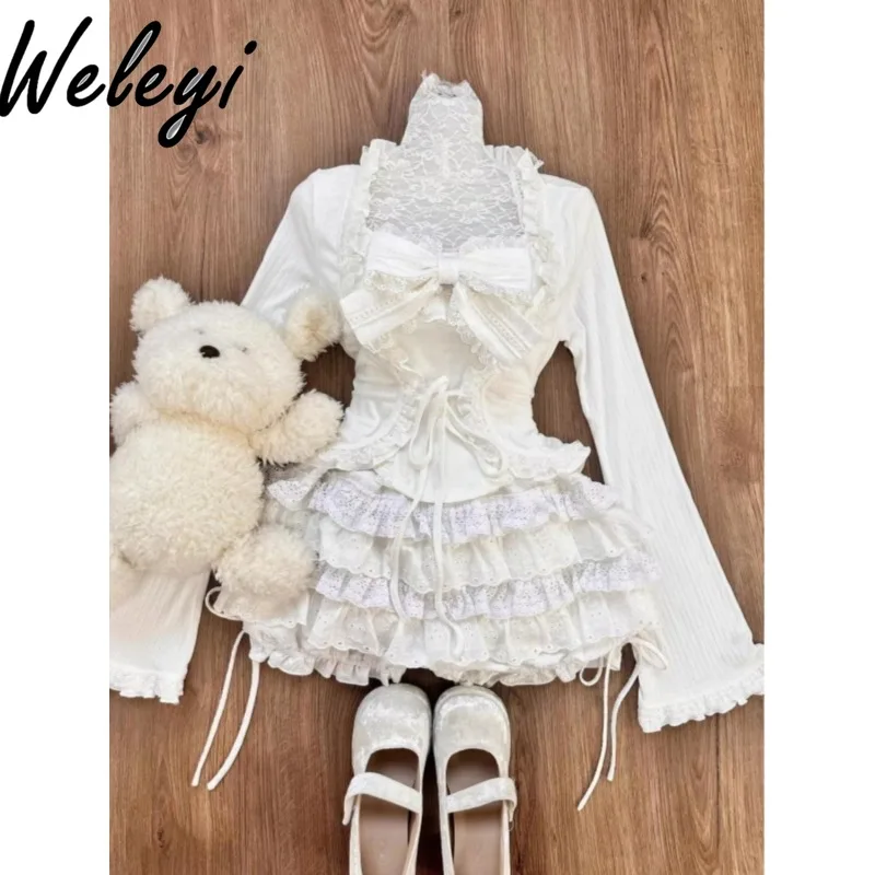 

Sweet Girl White Three-piece Suit Wearing Cute Bow Tube Top Suspender Lace Splicing Cardigan Jacket Cake Skirts 2025 Spring