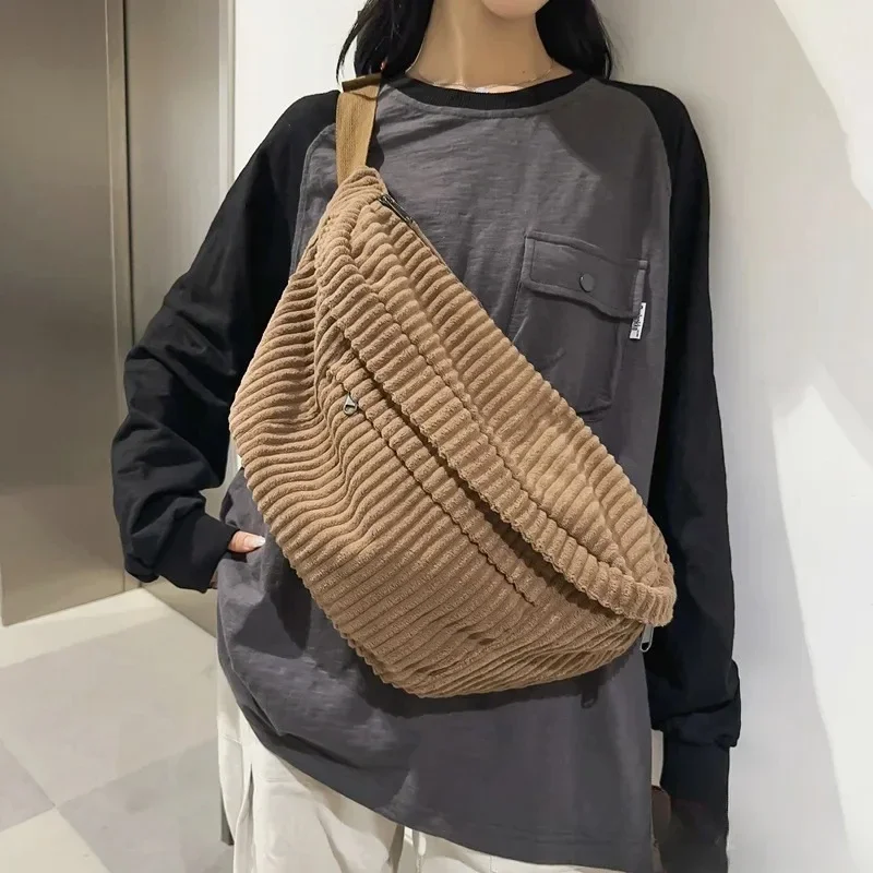 Large Capacity Corduroy Women Waist Pack Casual Fanny Pack Academic Style Chest Bag Unisex Shoulder Crossbody Bag Waist Belt Bag