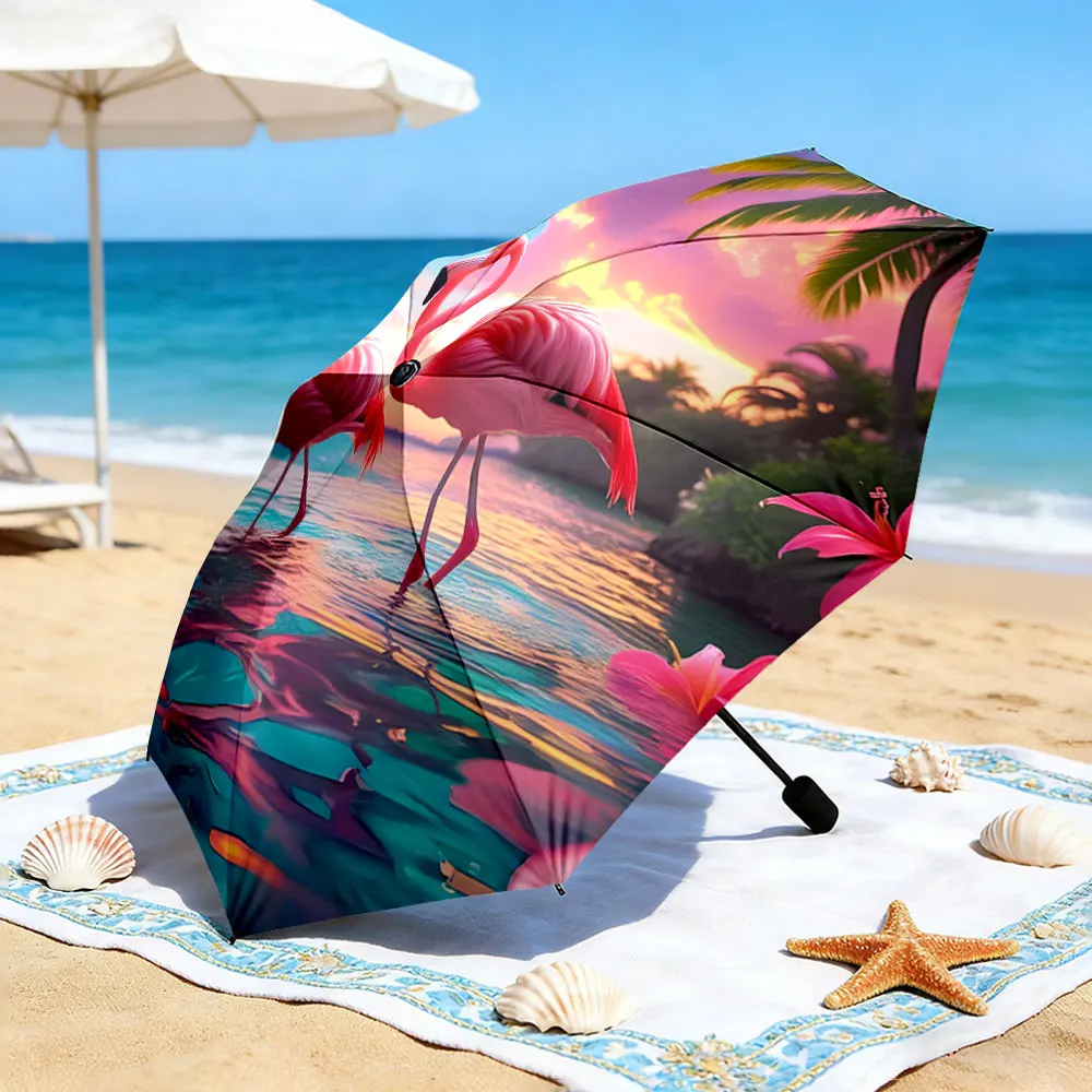 1PC Tropical Flamingo Design Umbrella by the Lake Print 8 Iron Ribs Folding Umbrella Auto-Open Fashion Sunshade