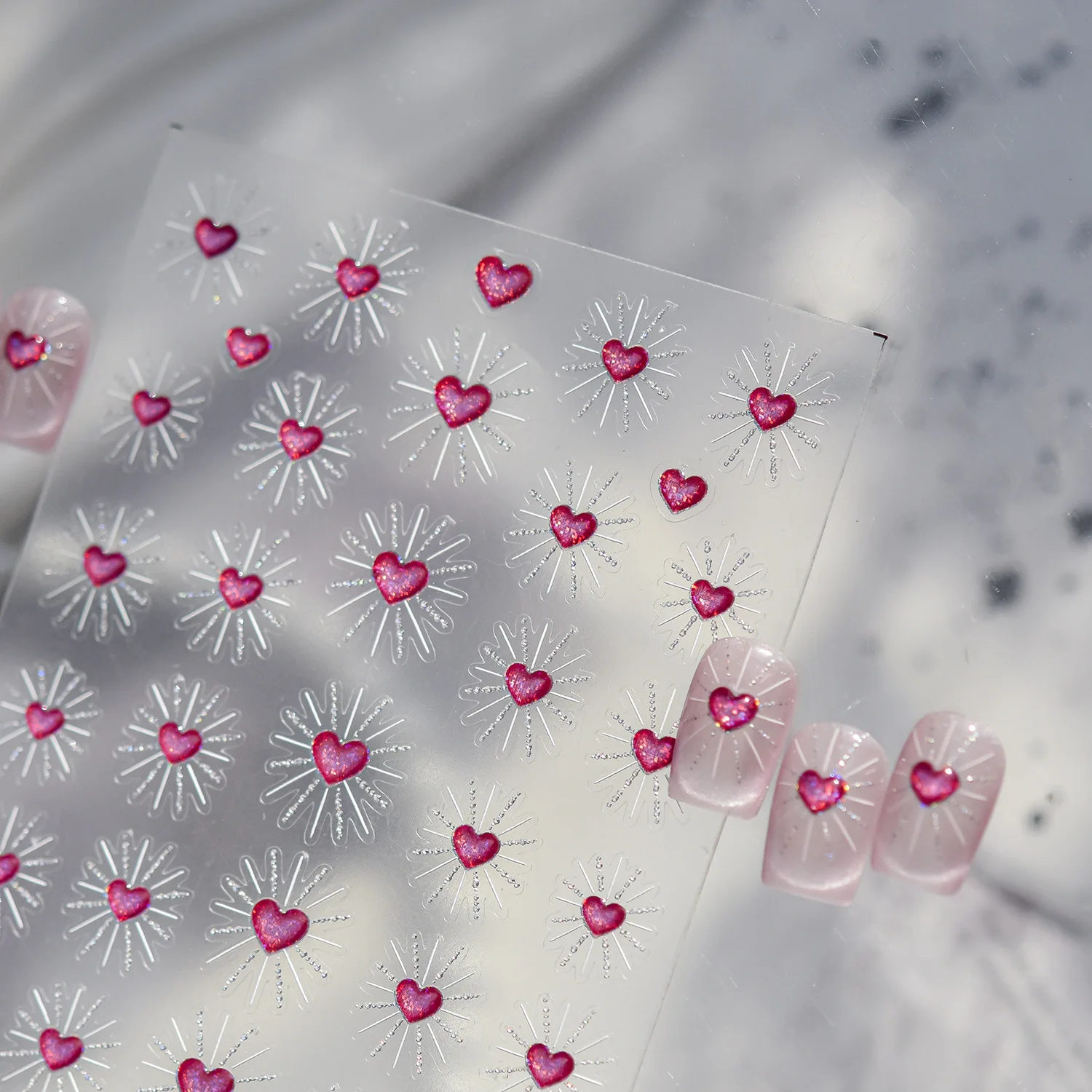 5D Holographische Herz-Nagelaufkleber Glänzender Laser-Glitter Rosa Farbverlauf Herz-Sternenexplosion Umriss Selbstklebende Nagelkunst-Sticker DIY
