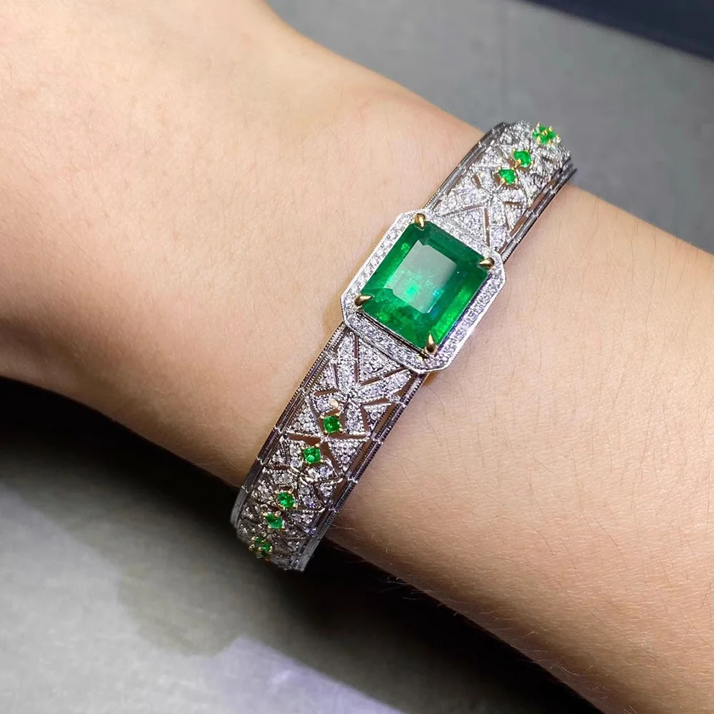 Luxury Silver Color Emerald Bracelet for Women Female Micro Inlaid Zircon Dual Color Bangle Cuff Wedding Party Jewelry Gift