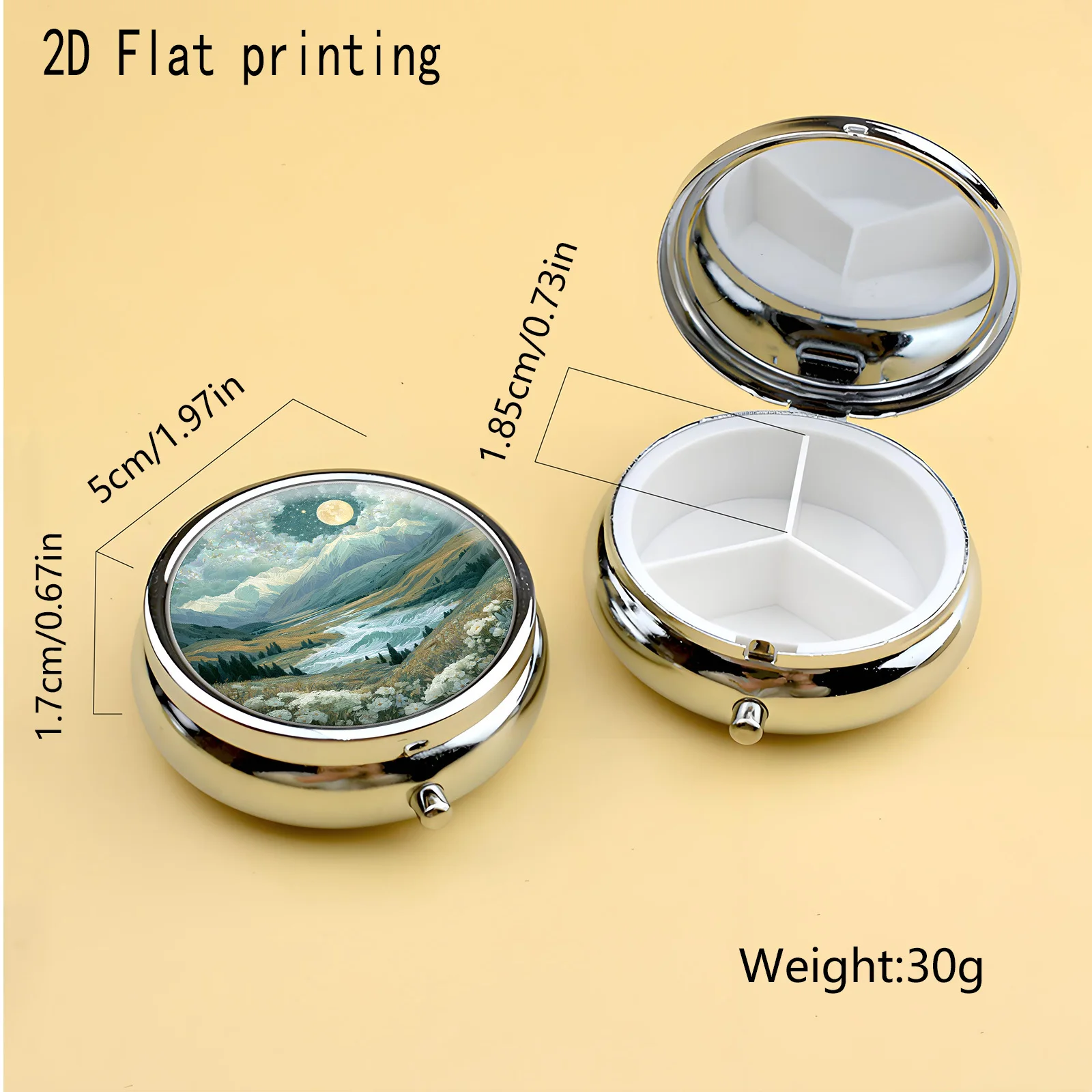Flat-Printed Round Metal Pill Box, Portable Travel Pill Organizer with Compartments, Can Store Daily Vitamins and Supplements, Compact Storage Box, Ideal Gift for Women on Birthdays and Holidays, Flat Design