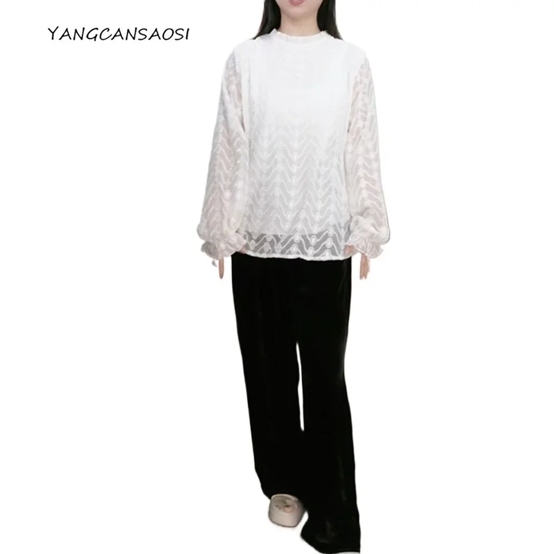 

2025 Women's Fashion Clothing 100% Natural Mulberry Silk Embroidered White Elegant Ruffled Edge Collar Long Sleeve T-shirt