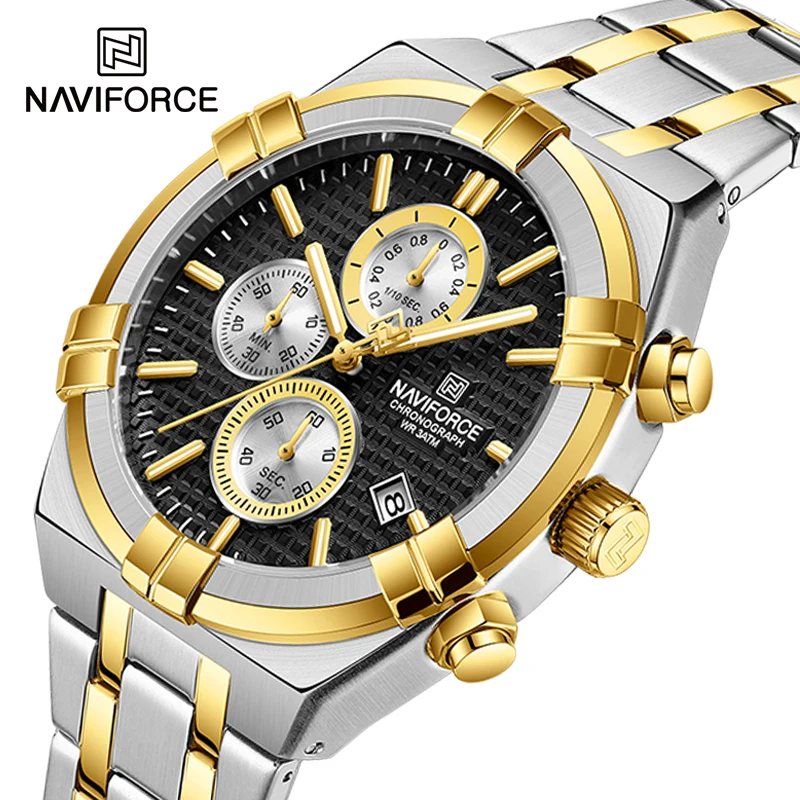 NAVIFORCE Men\'s Luxury Wristwatches Stainless Steel Strap Waterproof Quartz Calendar Man Clock Business Male Chronograph Watches