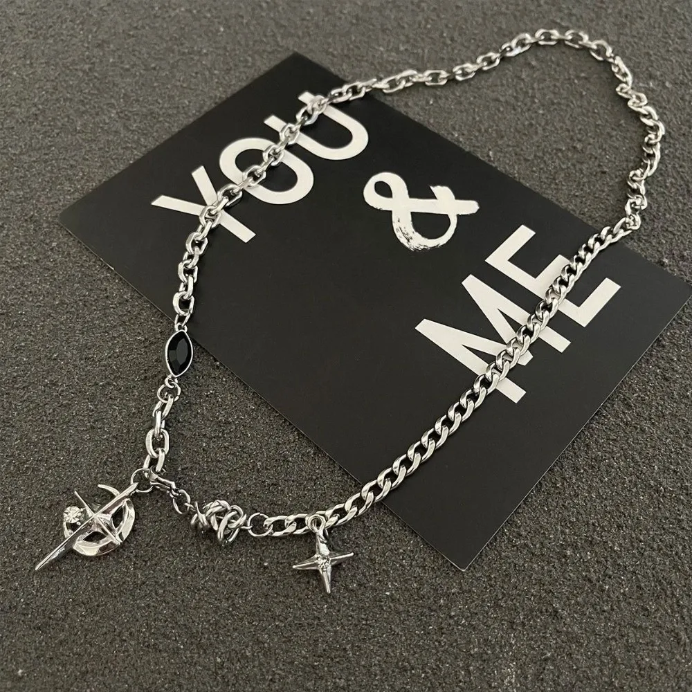 Fashion Black Zircon Cuban Figaro Chain Adjustable Punk Style Moon Pendant Y2K Style Tassel Choker for Party Gift