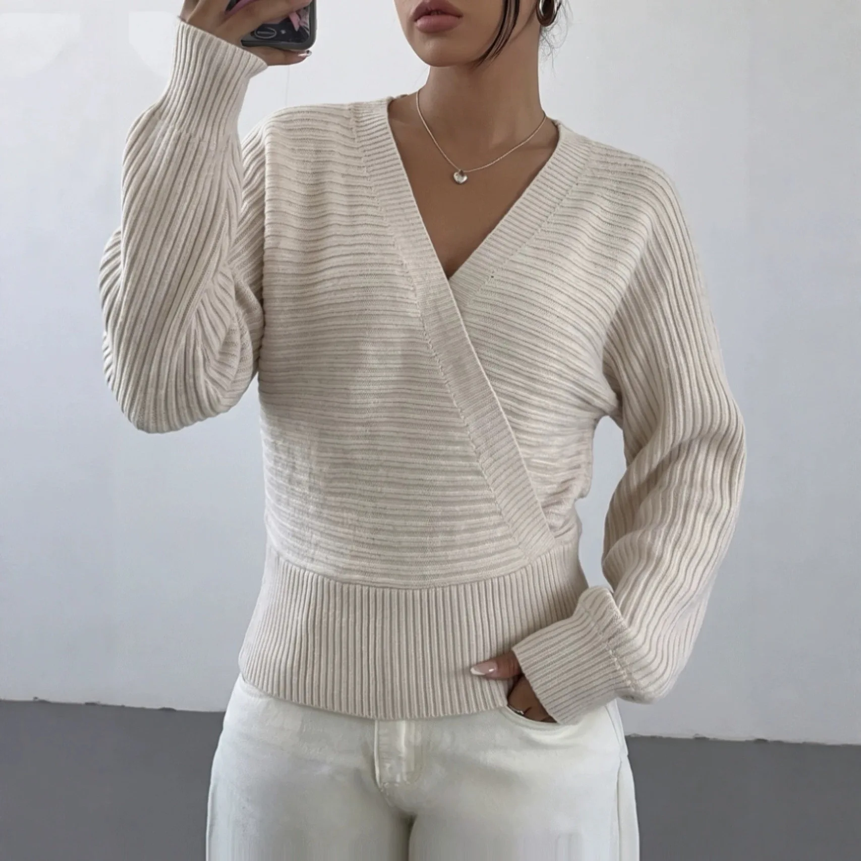 Women's Cream Ribbed Wrap V-Neck Sweater Crossover Front Long Sleeve Slim Fit Knit Pullover Top