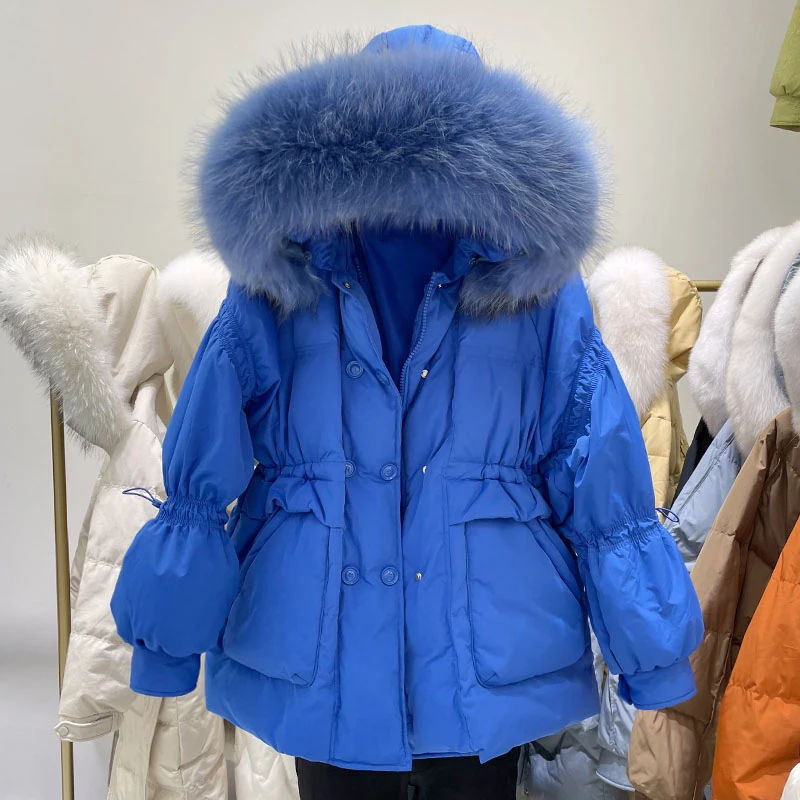 

Huge Real Raccoon Fur Hooded Women's Short Puffer Jacket 2023 Winter 90% Feather Duck Down Coat Female Waterproof Parkas