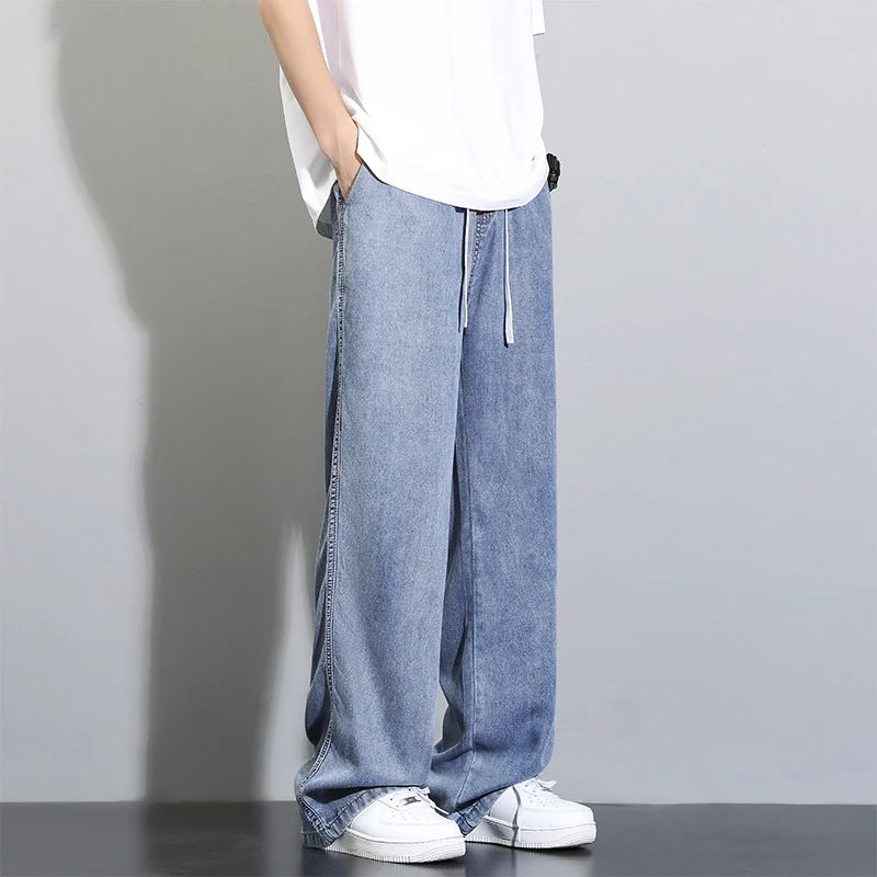 Summer Lyocell Fabric Men\'s Jeans Soft Thin Loose wide-leg Straight Pants  Elastic Waist Casual Trousers Sweat Pants Size M-6xl