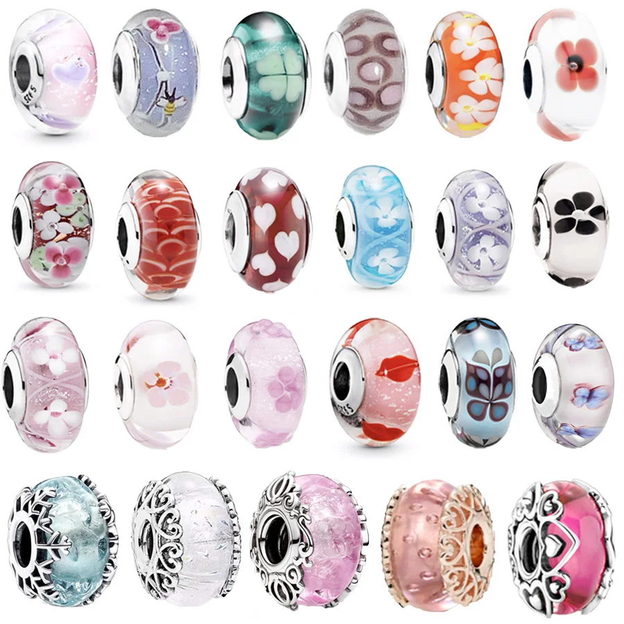 

NEW Silver-Plated Pink Cherry Blossom & Winter Blue Snowflake Murano Glass Charm Beads Fit Original Silver Bracelet Fine Jewelry