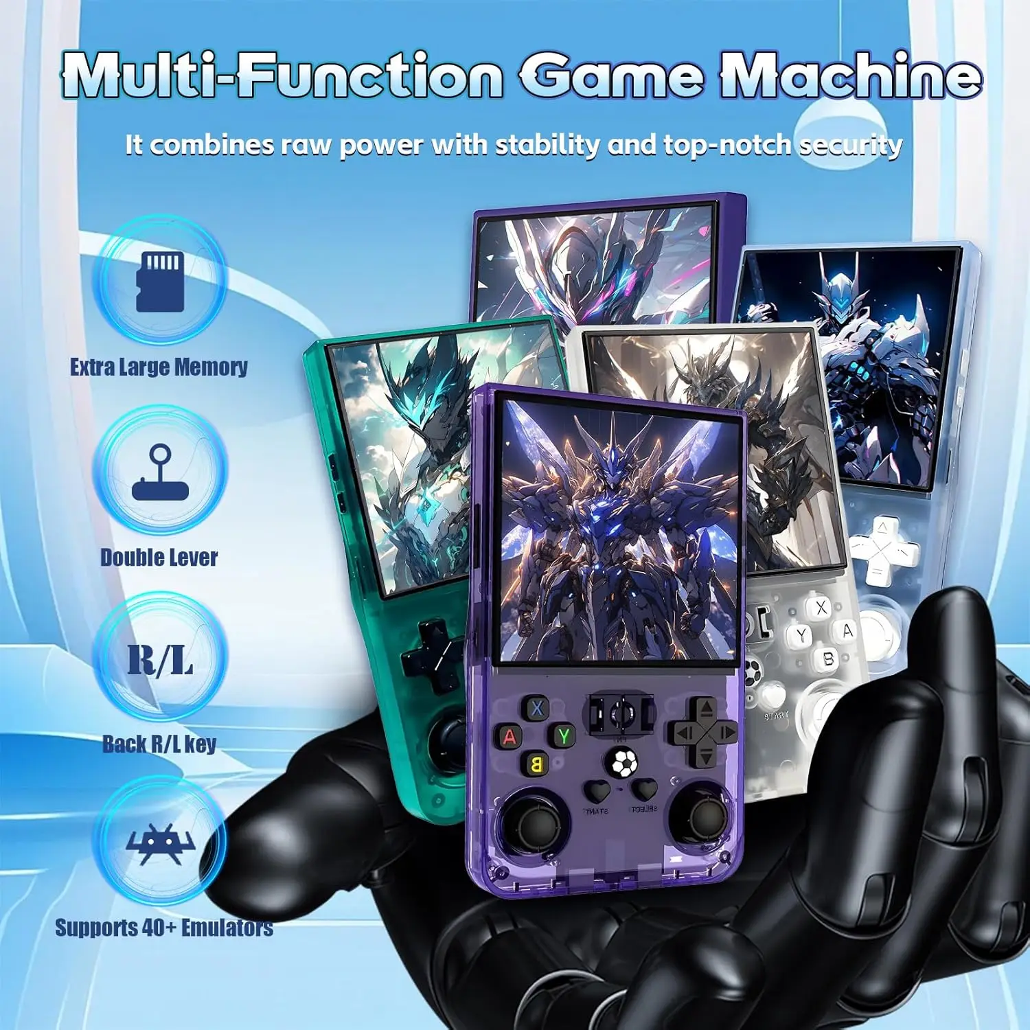 

R36 MAX Handheld Game Console | 4.0-inch HD screen, 64GB/128GB storage, available in multiple colors.