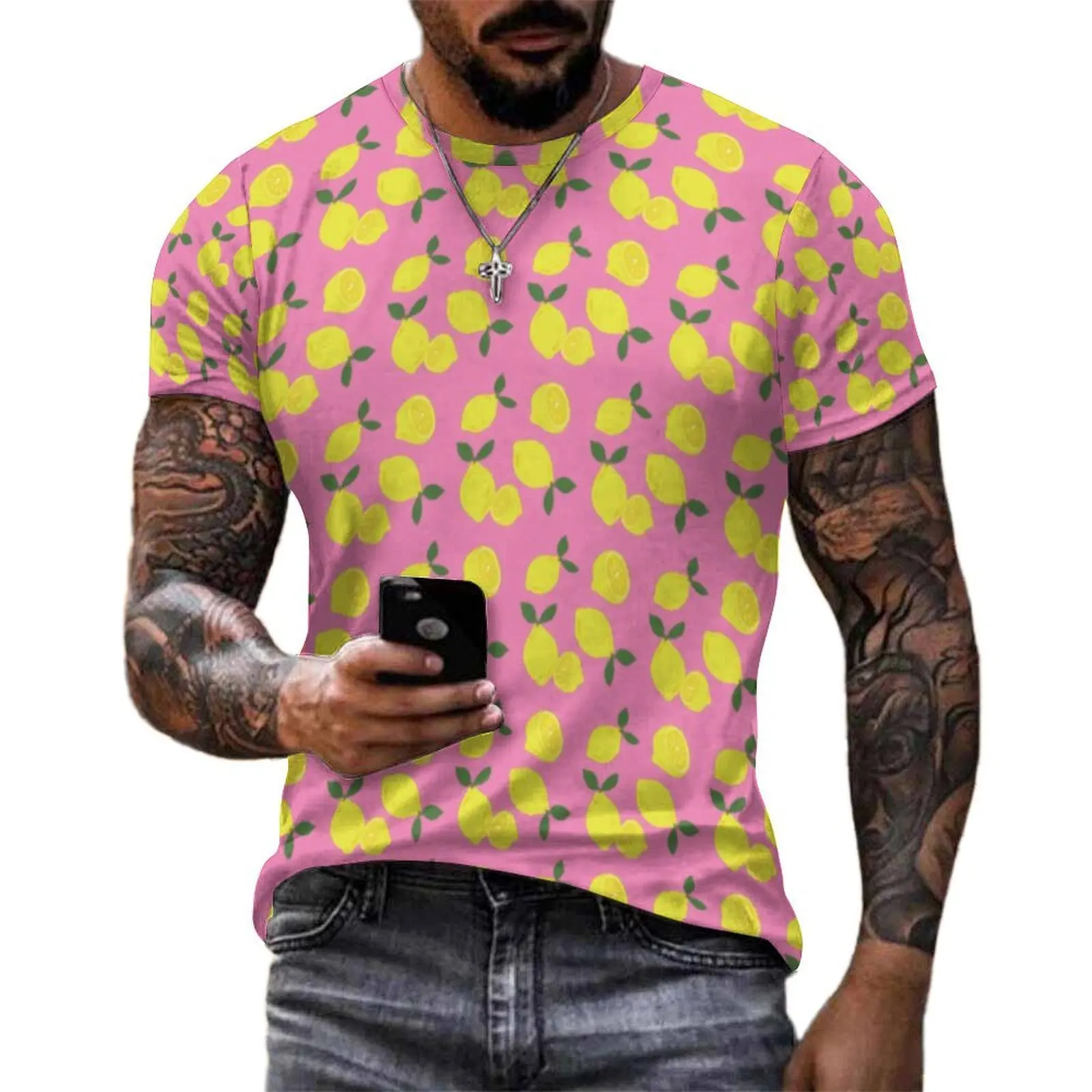 Man Yellow Lemon Print T-Shirt Citrus Fruit Vintage T Shirts Short Sleeve Custom Tshirt Hot Sale Premium  Plus Size Top Tees