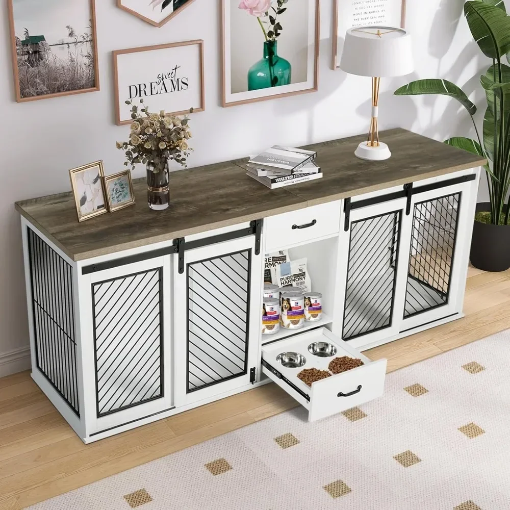 

Large Dog Crate Furniture, 85" Sliding Door Double Kennel, Wooden Dogs Crate Kennel Furniture with 4 Dog Bowls and Drawer Indoor