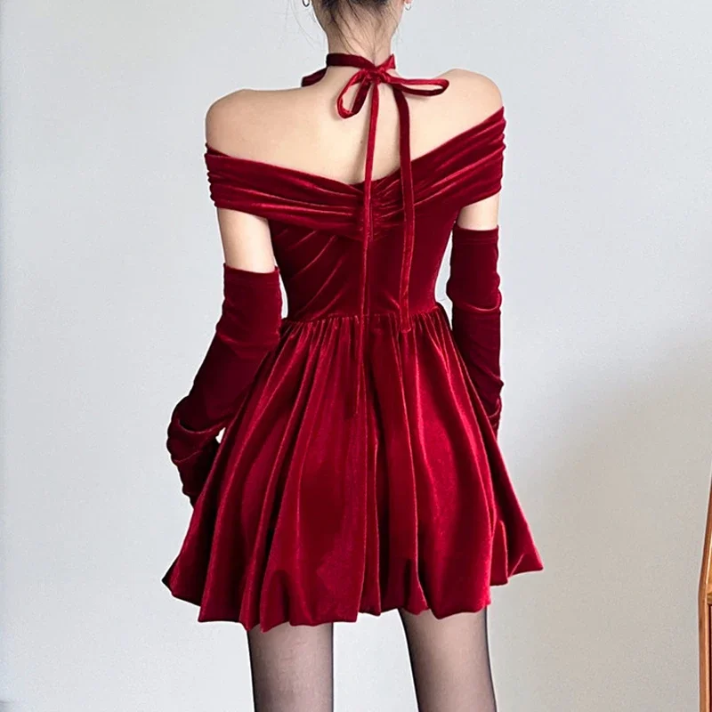 Y2k Elegant Gothic Velvet Mini Dresses Women Ruched Off Shoulder A-line Partywear Bodycon Dress Formal Corset Outfits Vestidos