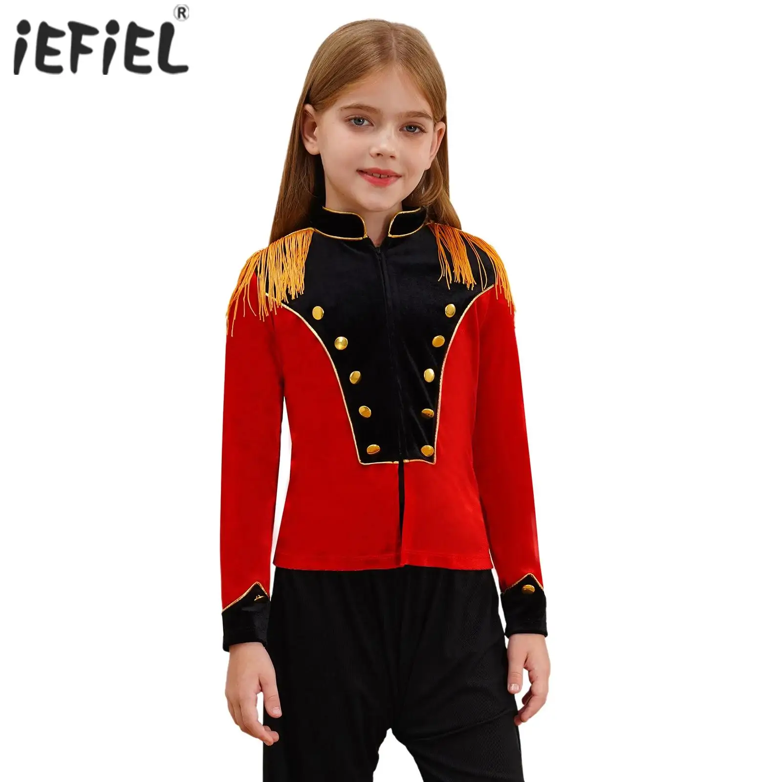 

Kids Halloween Circus Ringmaster Cosplay Costume Long Sleeve Fringe Tassel Epaulet Velvet Jacket Drum Band Drummer Stage Uniform