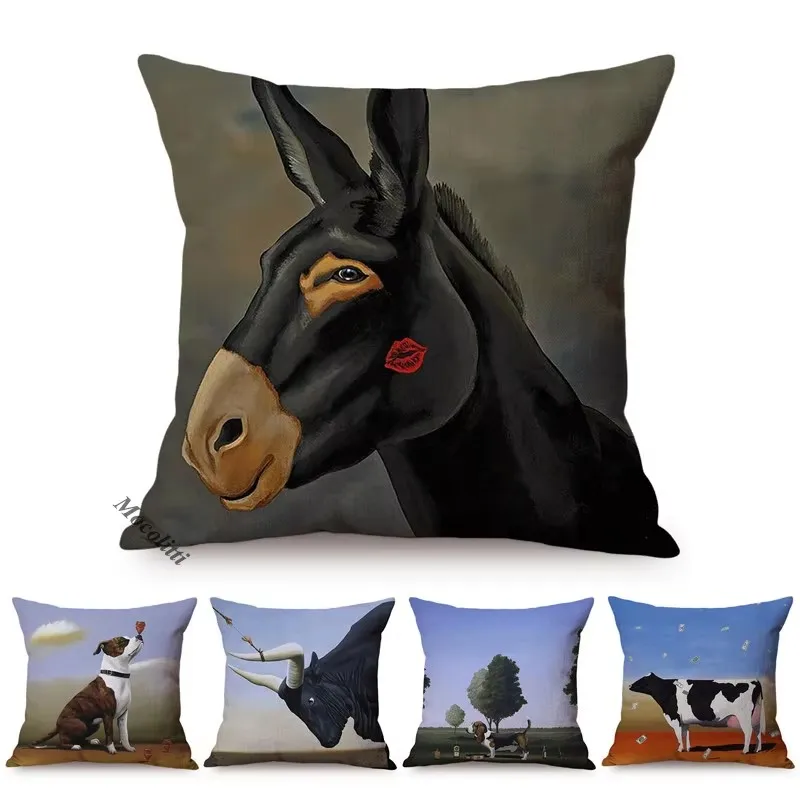 Euro surrealismo animales burro perro caballo famosa pintura al óleo decoración moderna sofá funda de almohada arte abstracto funda de cojín