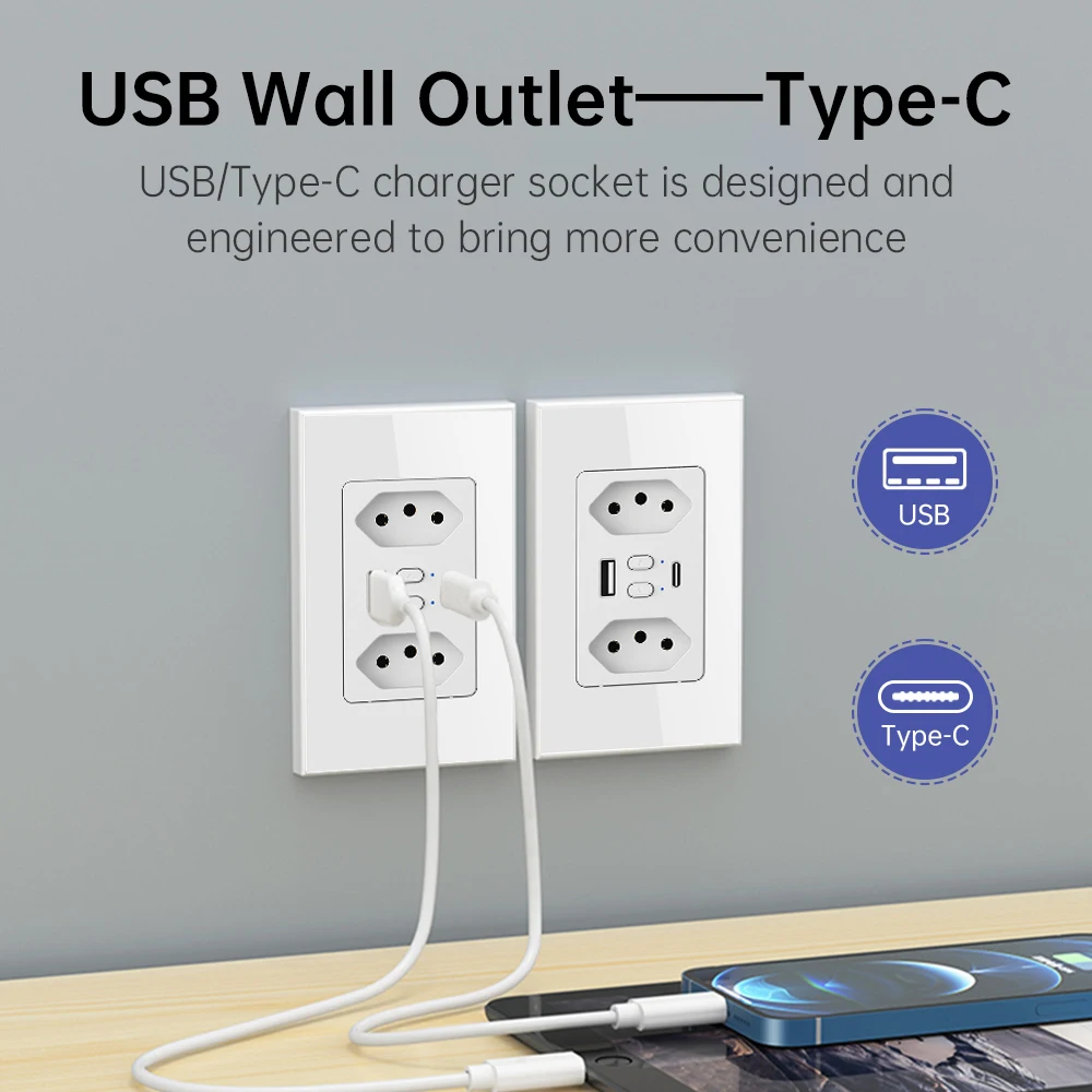 MANHOT Wifi Smart Brazil Socket Switch with USB Type-C Plug Outlet Remote Control Energy Saving Work with Tuya Alexa Google Home
