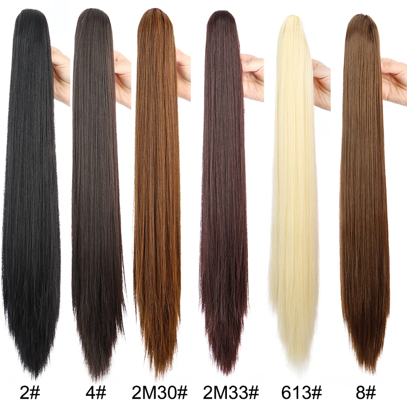 Extensiones de Cabello Sintético Largo Liso de 24 Pulgadas con Clip de Cola de Caballo, Resistentes al Calor, Rubio y Negro para Mujer 4