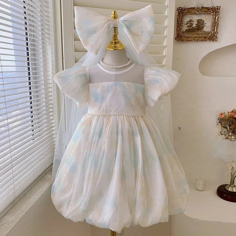 Exquisite Girls Tie-Dye Mesh Dress 2-8Y Kids Beading Puff Sleeve Cute Princess Vestidos Children All-Matched Birthday Party Gown