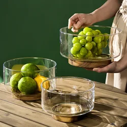 Glass Fruit Bowl Fashionable Brief Salad Plate Wood Base Snacks Nuts Storage Bowls Home New Year Tableware