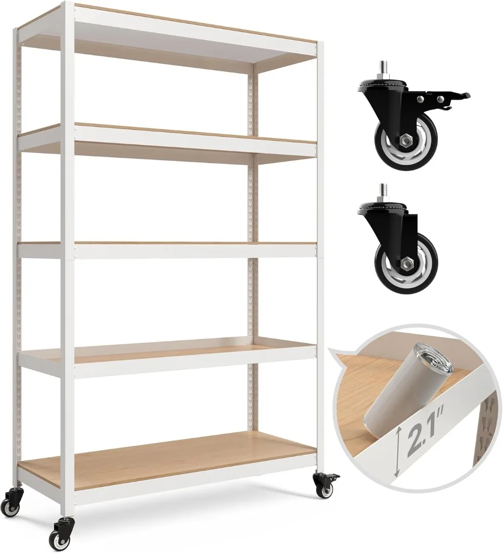 HOMedic-Metal Rolling Cart, 5-Tier, Prateleira, Rodízios, Heavy Duty, Roda, Shelving Unit, Ajustável, Utility Storage, Casa, Branco