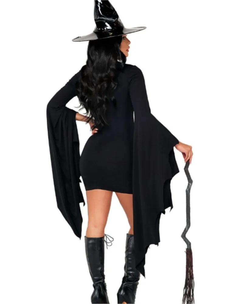 Abiti da festa neri di Halloween Abito corto sottile con maniche a pipistrello allungate a V profondo per donne adulte Purim Cos Party Wizards Fancy Dress