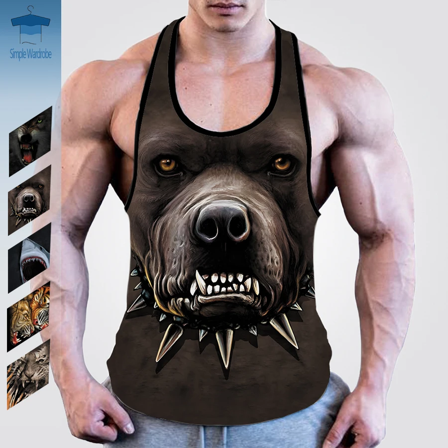 Gym Sleeveless Tank Tops Wild Animal Tiger Lion Wolf Bulldog Shark 3D Printed Vest Men Bare Shoulders Clothing Summer Men's Top