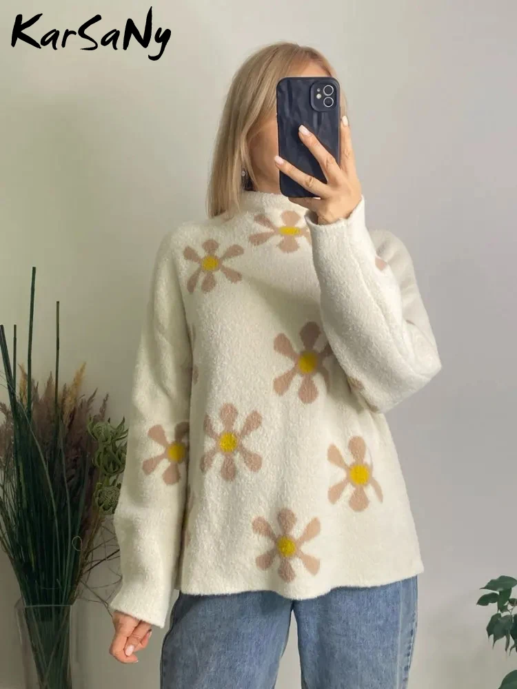 Women\'s Sweater Oversize Autmun Winter Half Turtleneck flower Print Long Sleeve Knitted pullovers For Women Casual Thick Jumpers