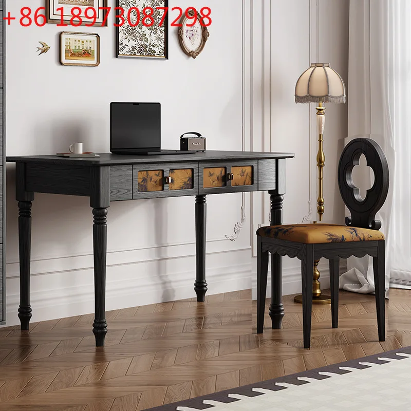 

French retro computer desk black dresser writing table ash wood solid wood legs desk