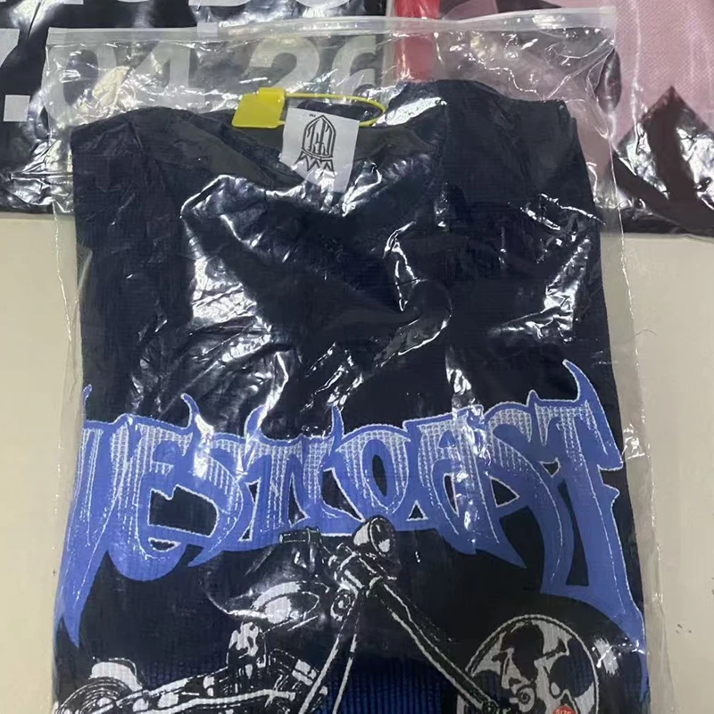 Stock High Quality Real Picture Long Sleeved Tops Tee Breathable Waffle Fabric Motorcycle Print Round Neck West Coast T-shirt