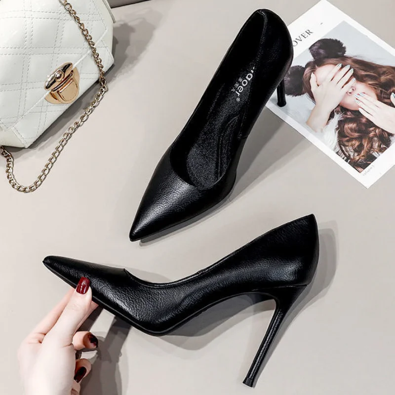 Spring 2023 New Soft Leather Black Professional High Heels Female Stiletto All-match Flight Attendant Single Shoes Work Shoes