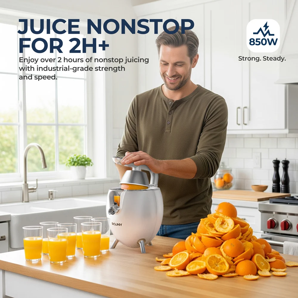 ROUNY Spremiagrumi elettrico con 2 coni, estrattore di succo d'arancia silenzioso in acciaio inossidabile per pompelmo al limone e lime
