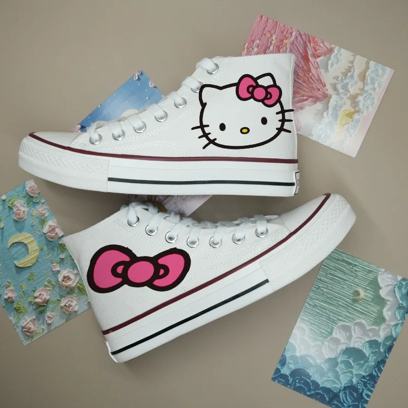 

Kawaii Hello Kitty Printing White Sneakers Women Sanrio Lolita Shoes for Women College Style Lace Up Couple Canvas Shoes 2025