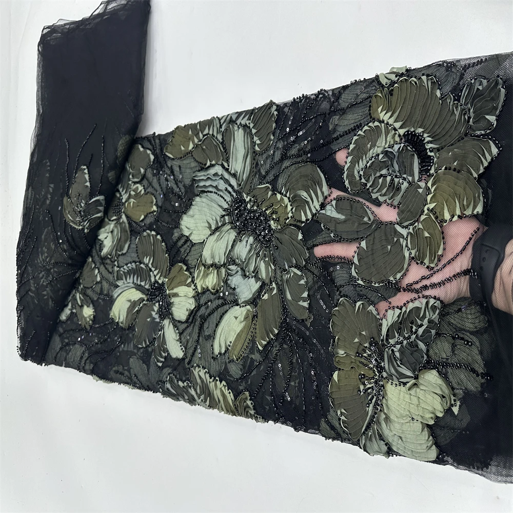 French chiffon lace fabric bridal dress, African beaded lace fabric 2025, high-quality chiffon embroidery, Nigerian sequins