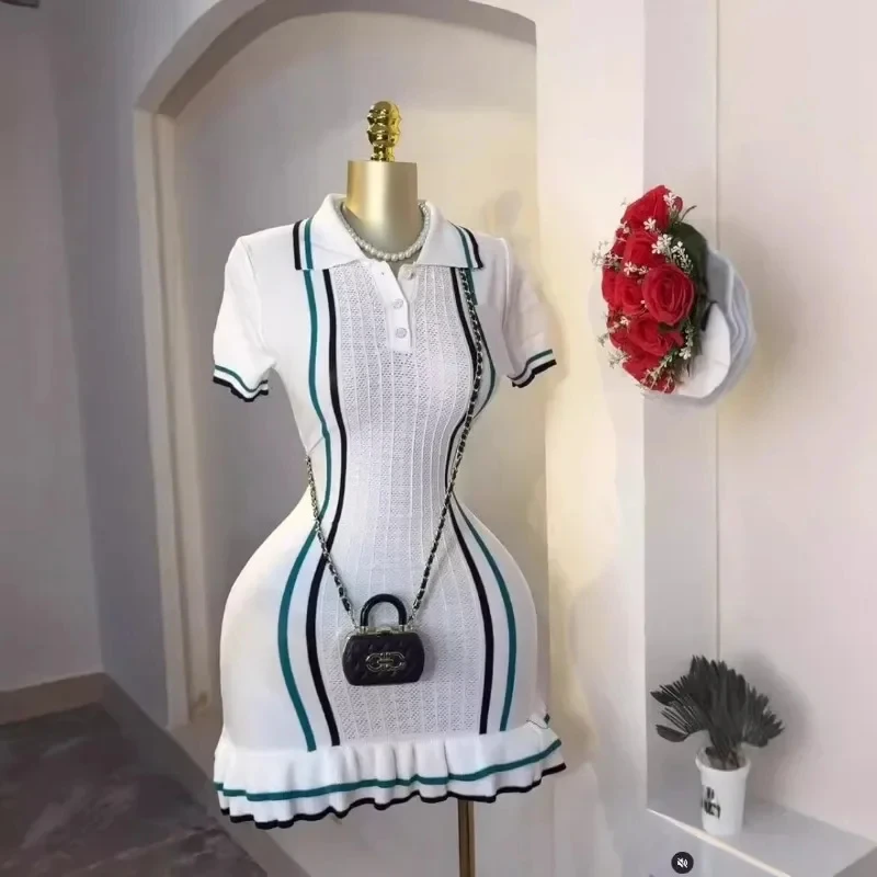 Mini vestido de punto con dobladillo de volantes de retazos de colores para mujer, botones, cuello de Polo, manga corta, Bodycon elástico alto,