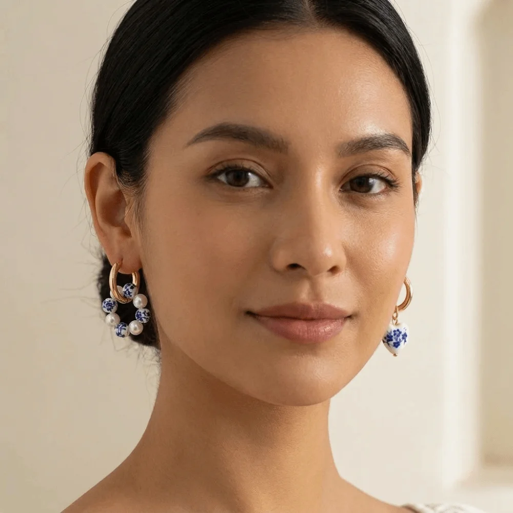 Blue White Color Ceramic Pendant Earrings Stainless Steel Ear Buckle Ear Buckle Hanfu Accessories Chinese Style Heart Earrings