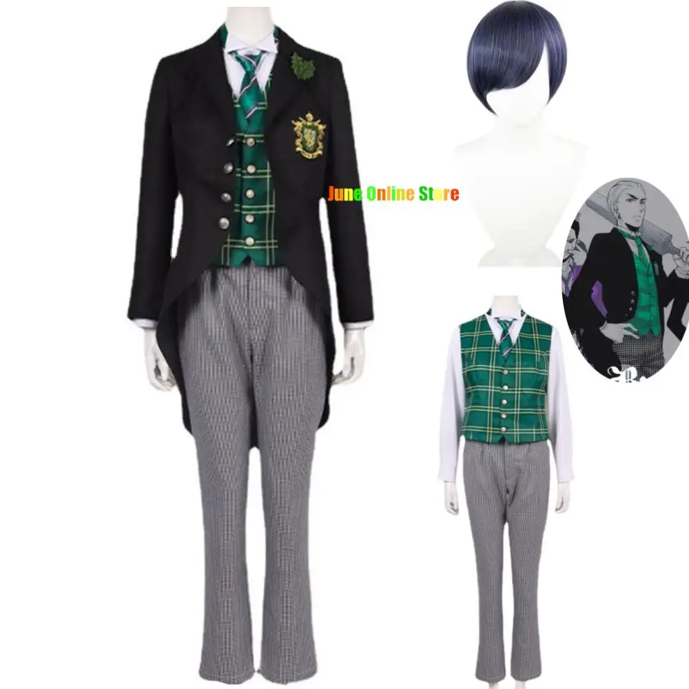 Disfraz de Anime Black Butler Ciel Herman Green Hill, disfraz de sonrisa, abrigo escolar de embarque, conjunto completo de peluca, traje de Carnaval para hombre y mujer
