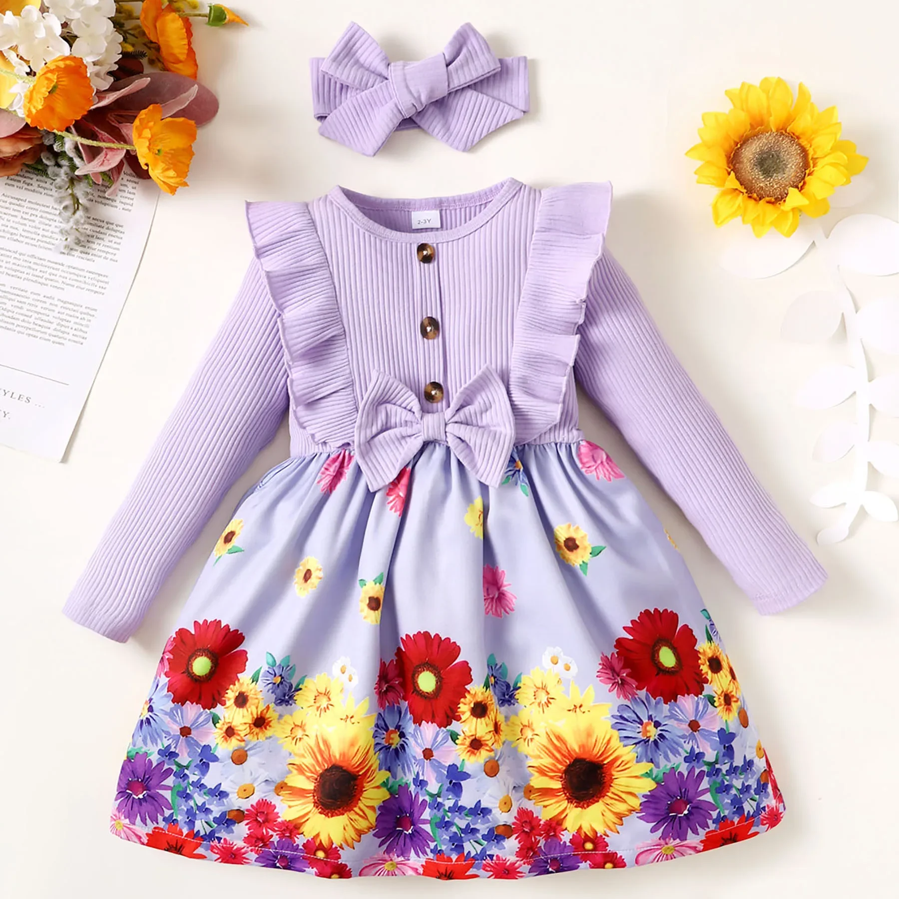 PatPat Sweet Toddler Girl 2pcs Floral Ruffle Edge Dress with Headband Soft and Comfortable  Perfect for Outings Basic Style