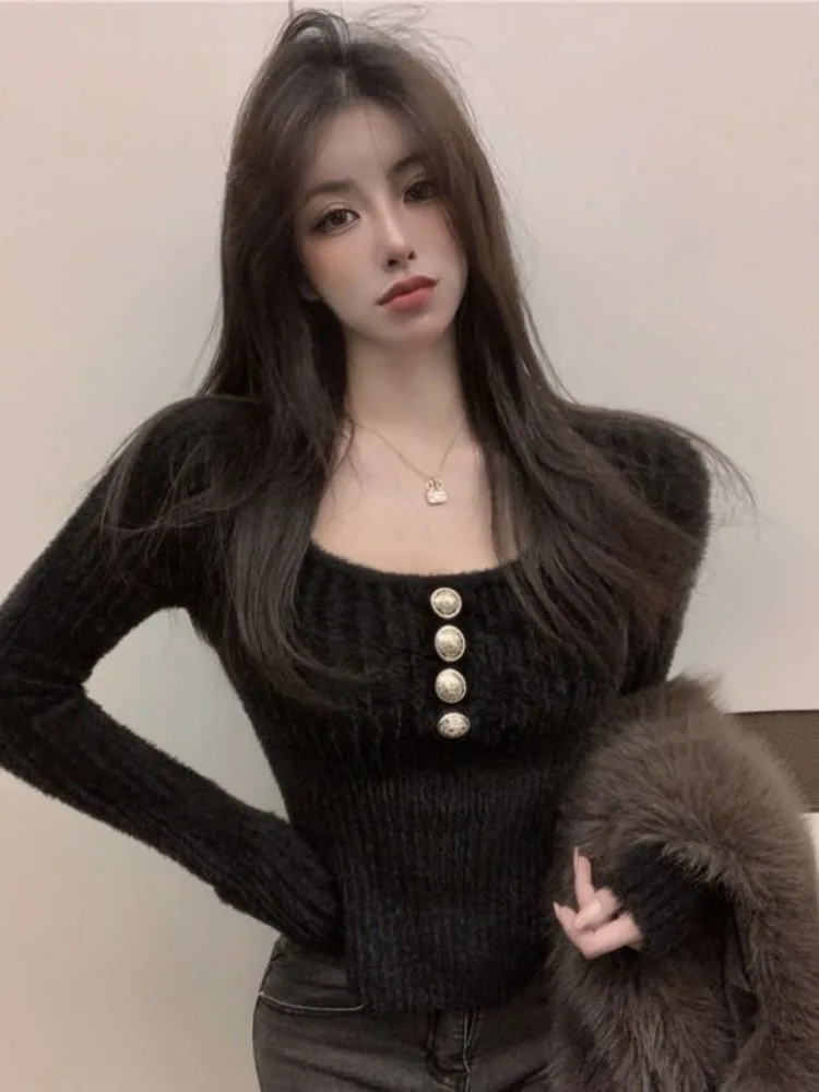 New Solid Color Cropped Pullovers Women Clothing Long Sleeve Square Collar Single Breasted Jumper Tunic Knitted Sweater Y2k Tops