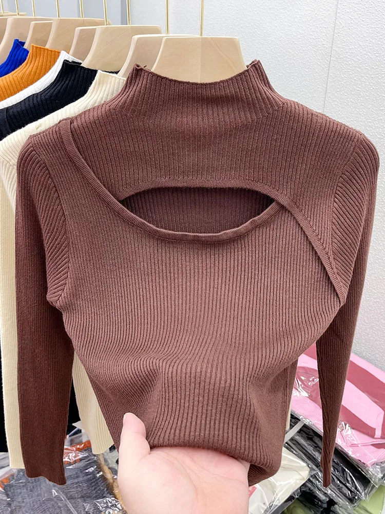 2024 Autumn Winter Sexy Hollow Out Women Sweaters Tops Slim Vintage Jumper Soft Warm Pull Female Casual Pullover Knitted Sweater